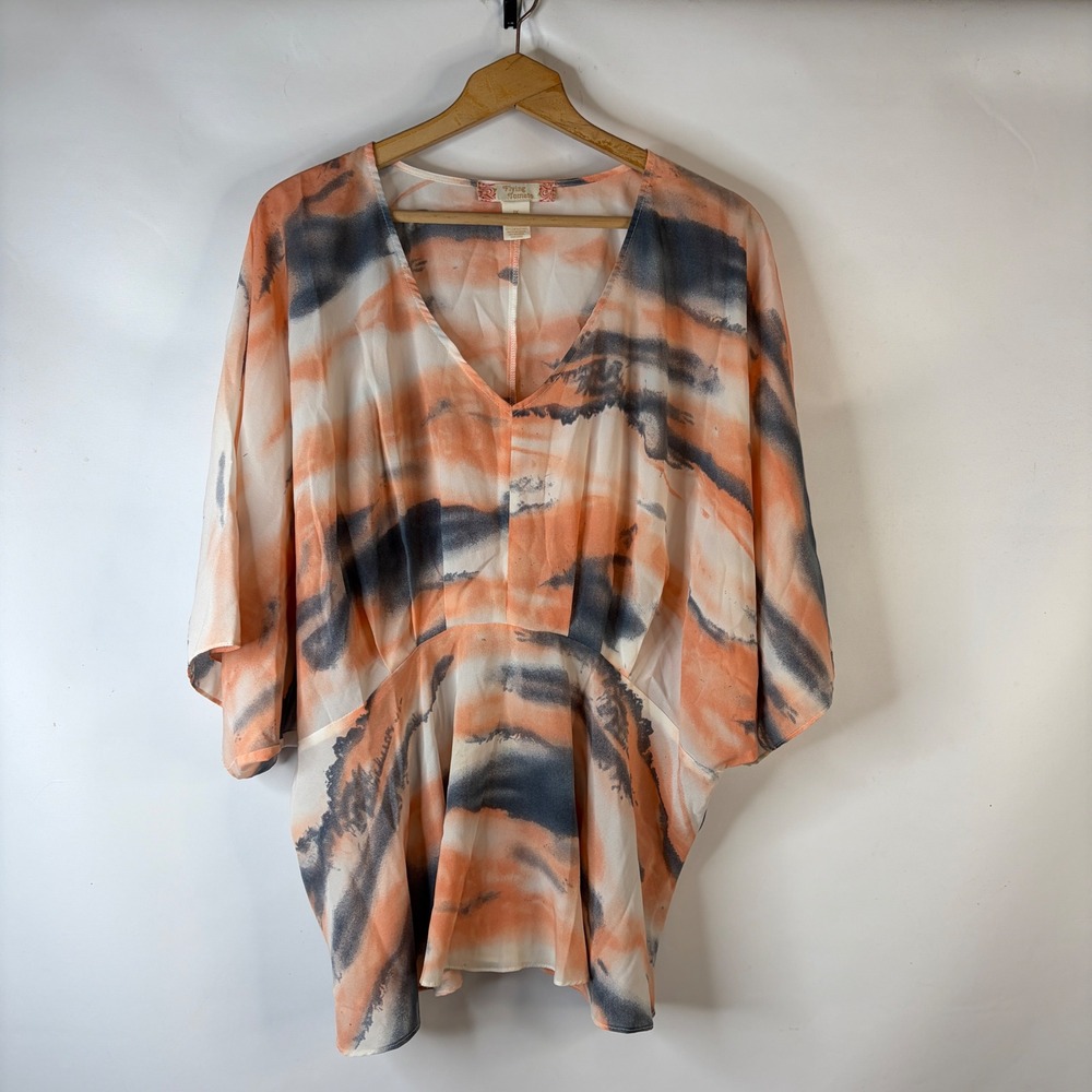 Flying Tomato Blouse Womens 1X Orange Abstract Watercolor Dolman Kimono Top